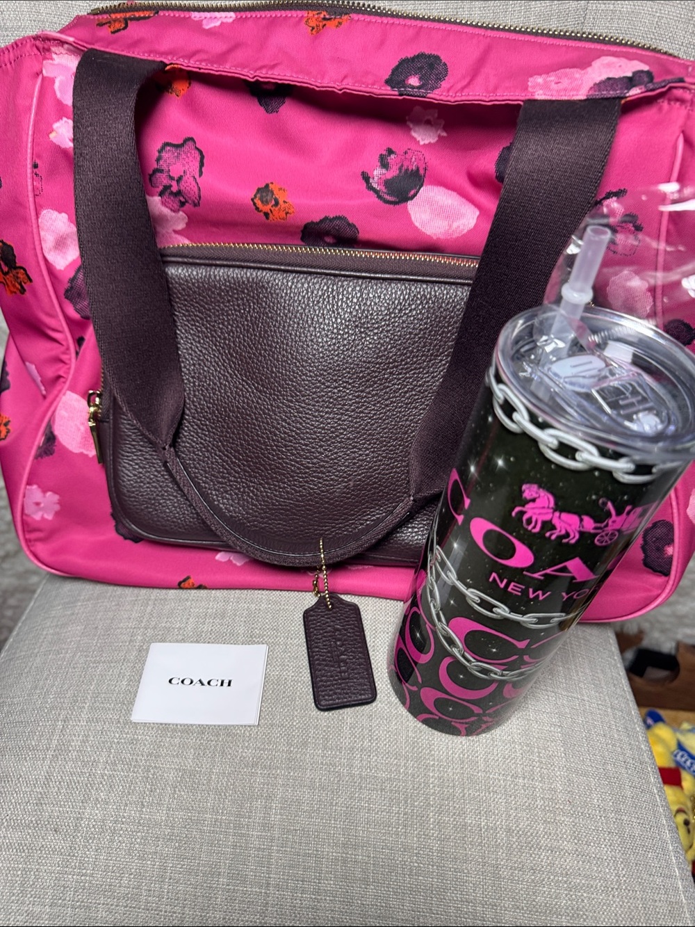 Coach Pink Floral Tote with Brown Front Pocket and Matching Logo Tumbler - Picture 10 of 10